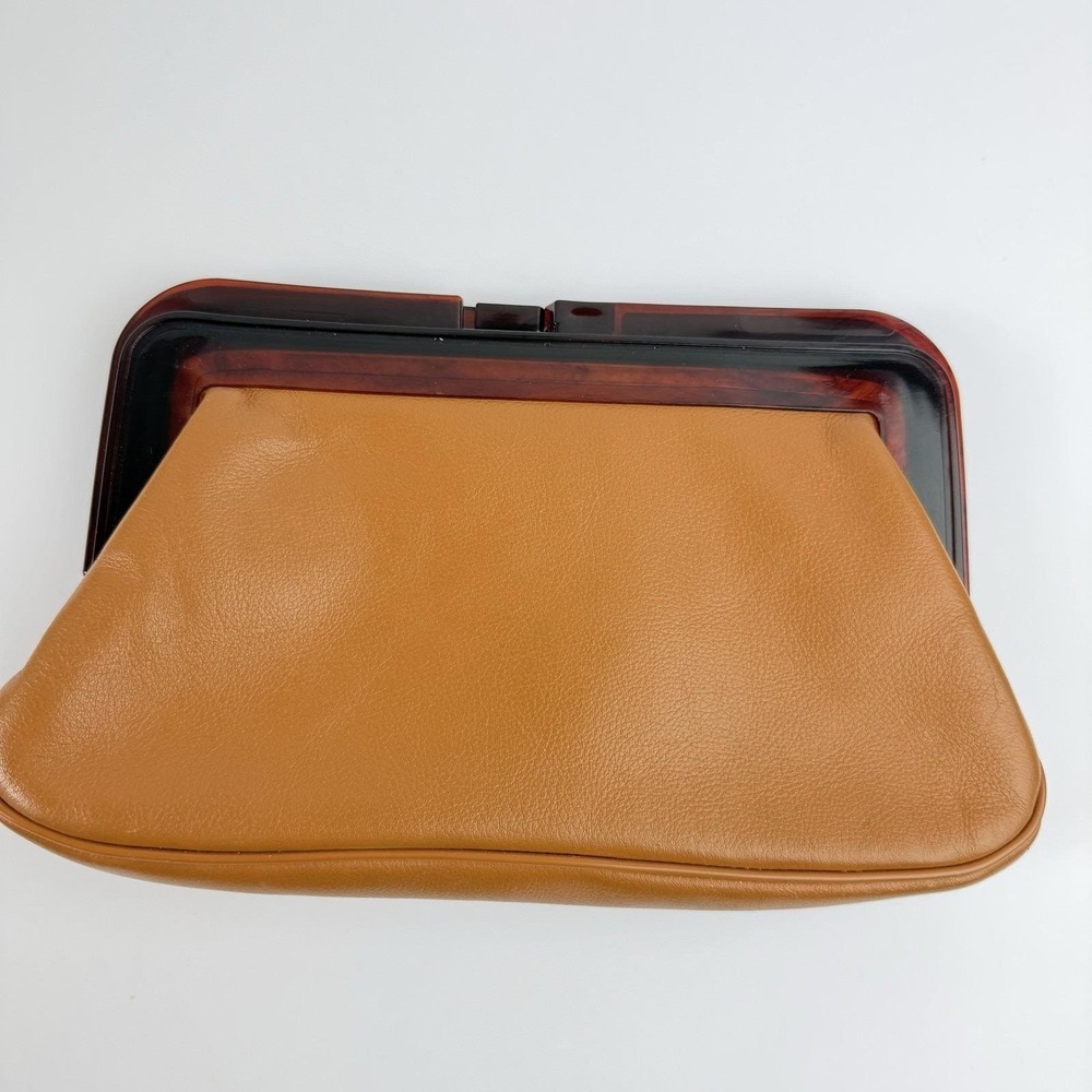 Vintage 1960s Tan Leather Clutch Faux Tortoiseshell Lucite Frame Pouch Bag